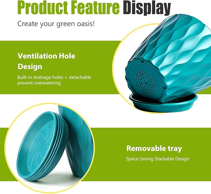 8 Inch Plastic Plant Pots,Set of 5 Flower Pots,Planters with Drainage Holes & Saucers, Indoor Outdoor Garden Pots for Home Decor(Blue-Green)