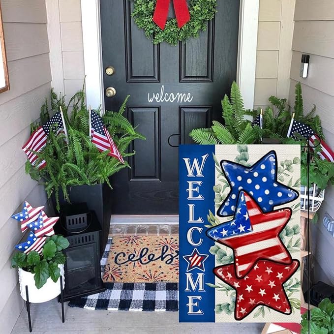 CROWNED BEAUTY 4th of July Patriotic Stars Garden Flag 12x18 Inch Double Sided for Outside Small Burlap Independence Day Welcome Yard Decorations