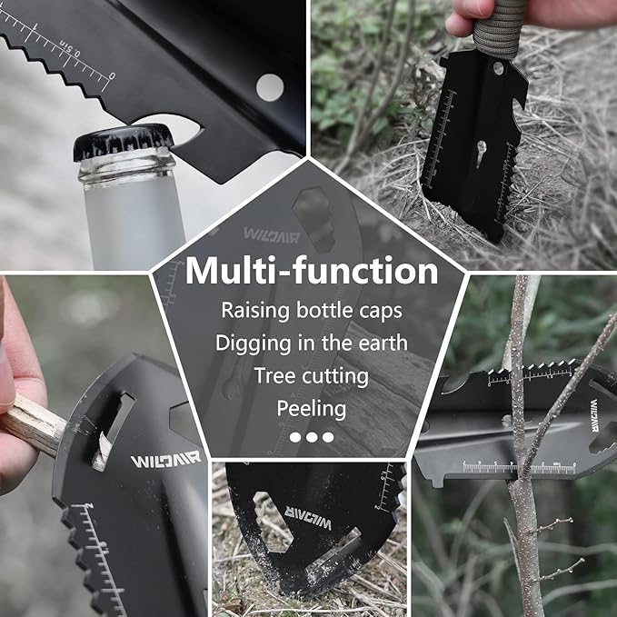 WILDAIR Camping Shovel Multifunctional 7 in 1 Survival Multitool Small Survival Shovel for Camping Tactical Shovel (Black)