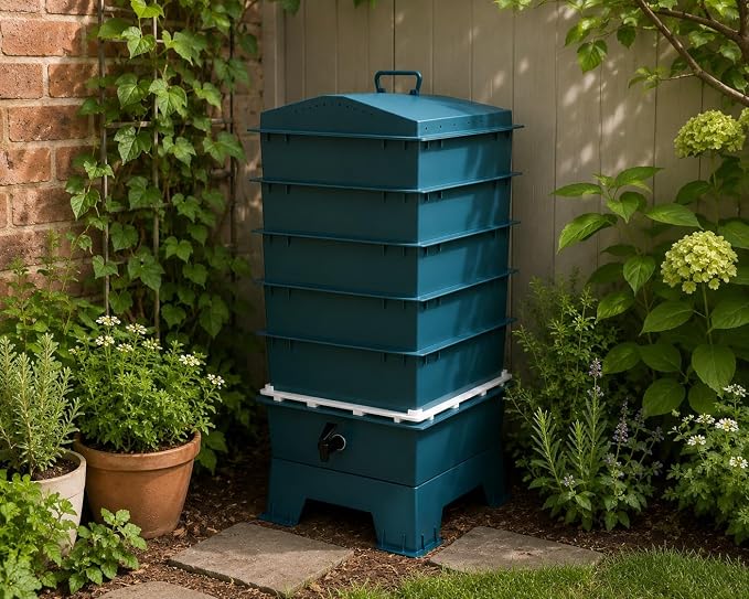 The Original VermiHut® Classic Model 5-Tray Worm Composter Bin – Indoor & Outdoor Vermicomposting System, Continuous Flow Food Waste Recycler for Organic Composting & Gardening - Dark Green
