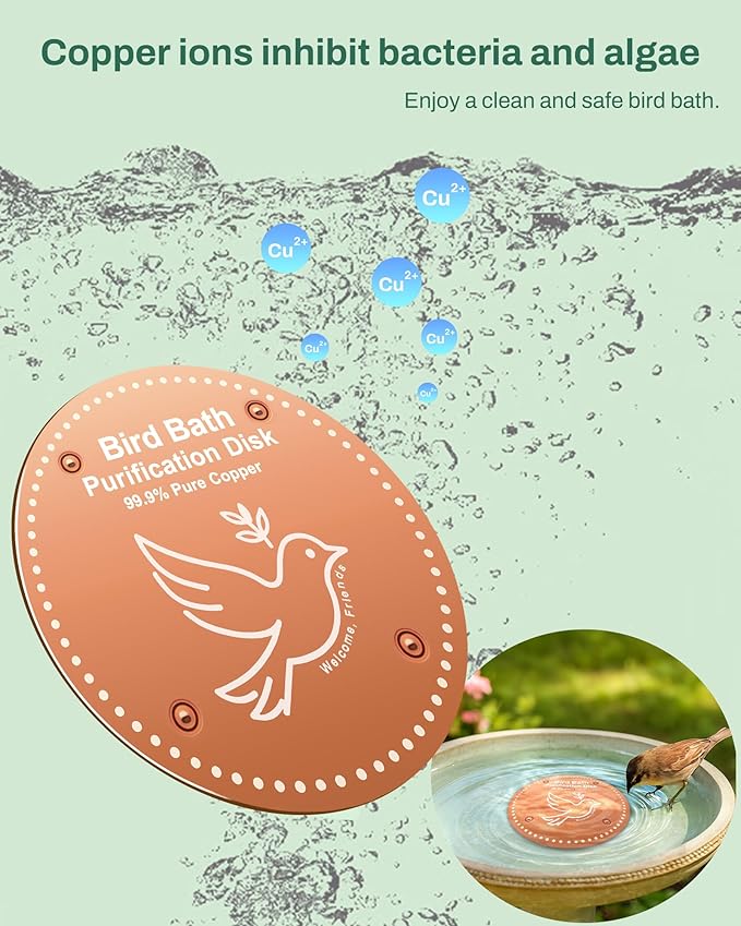 Bird Bath Purification Disk Pure Copper Outside Winter Solar Power Birdbath Wild Hummingbird Pedestal Fountain Cleaner Outside Humming Feeder Cage Dispenser Heater Garden Deal Lover Women Gift
