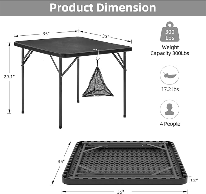 VECELO 5 Piece Folding Card Table Square and Chairs Set, Plastic Tabletop & Seat, Foldable & Portable for Indoor Outdoor Use, Black
