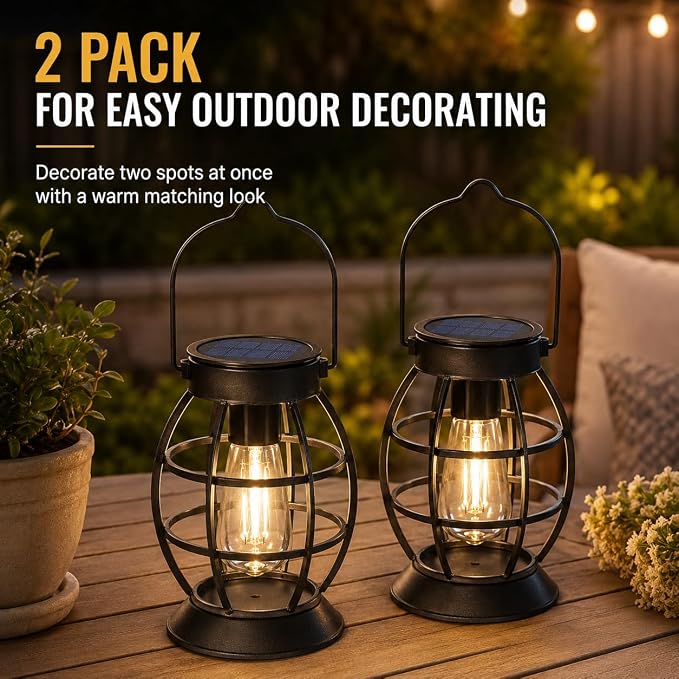LeiDrail Solar Lanterns Outdoor 2 Pack, Hanging Waterproof Metal Lantern Dual LED Warm White, Auto On/Off Garden Patio Yard Porch Pathway Table Decor, Solar Powered Gift for Women