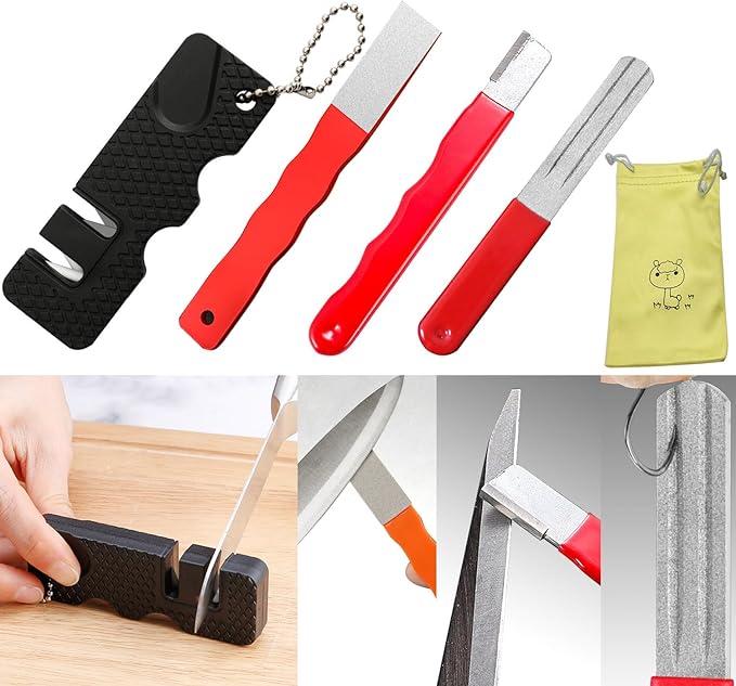 4Pcs Pocket Garden Tool Blade Quick Sharpener, Tungsten Steel Corundum for Travel Camp Lawn Mower Hedge Shears Knife Pruners Axe Scissors Hatchet Machete
