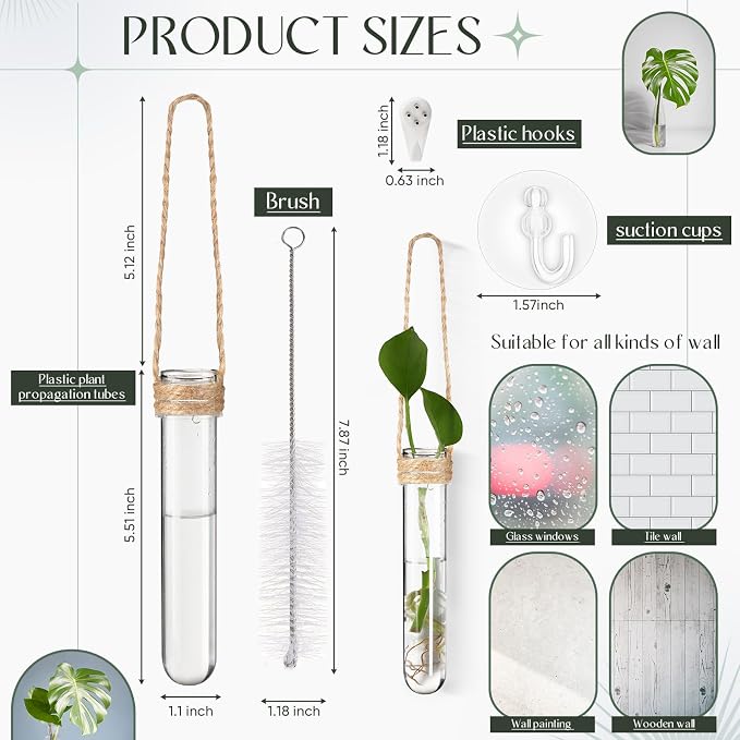 Baderke 9 Pack Clear Window Propagation Stations Plastic Window Planter with Suction Cups & Traceless Nails, Propagated Plant Holders with Bottle Brush, Hanging Vases Terrarium Gift(5")