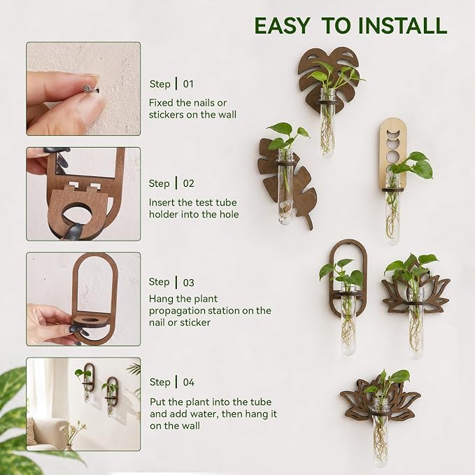 Artilady Plant Propagation Station 2 Pack Wall Hanging Plant Terrarium Holder with Test Tube Wood Window Planter Indoor Decor for Living Room Bedroom Kitchen (Oval)