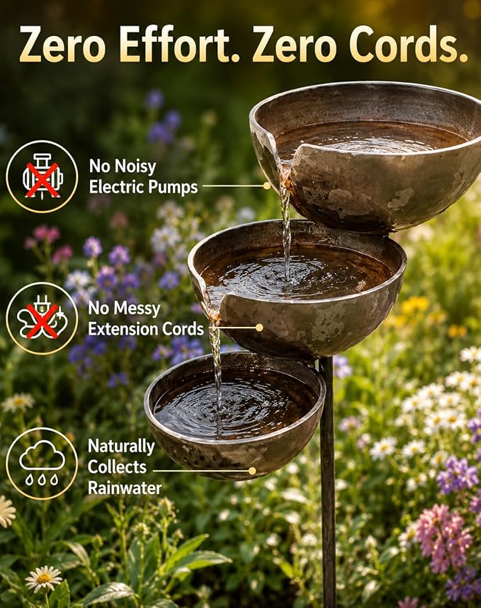Rain Catcher Bird Bath & Multi-Tiered Water Feature, Rustic Metal Garden Stake, Safe Shallow Bee-Friendly Hydration Bowls, Weather-Resistant Outdoor Bird Bath for Yards, Lawns, Gardens，Light Copper