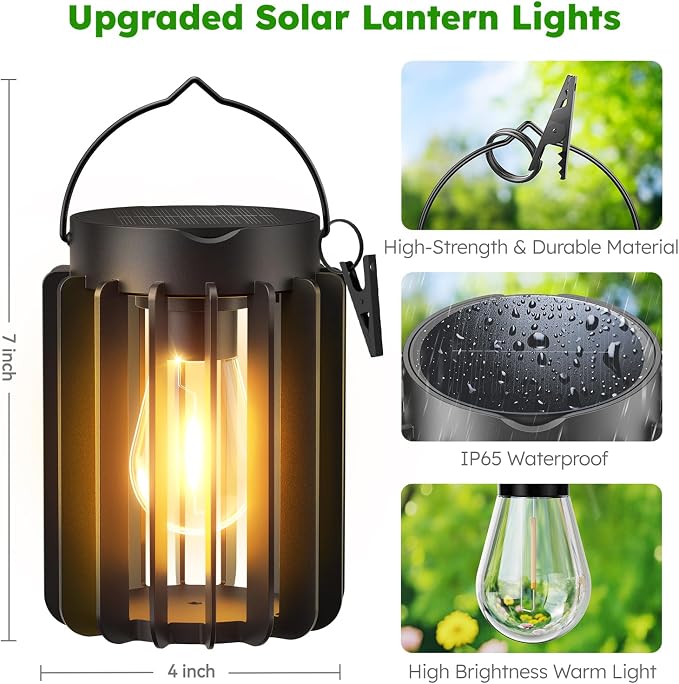 Ahaorigin Solar Lanterns Outdoor Waterproof, Brighter Up to 12 Hrs Outdoor Hanging Solar Lights, Outside Hanging Lanterns for Garden Porch Patio Yard Decor, Gifts for Women Mom Father Black, 4 Pack