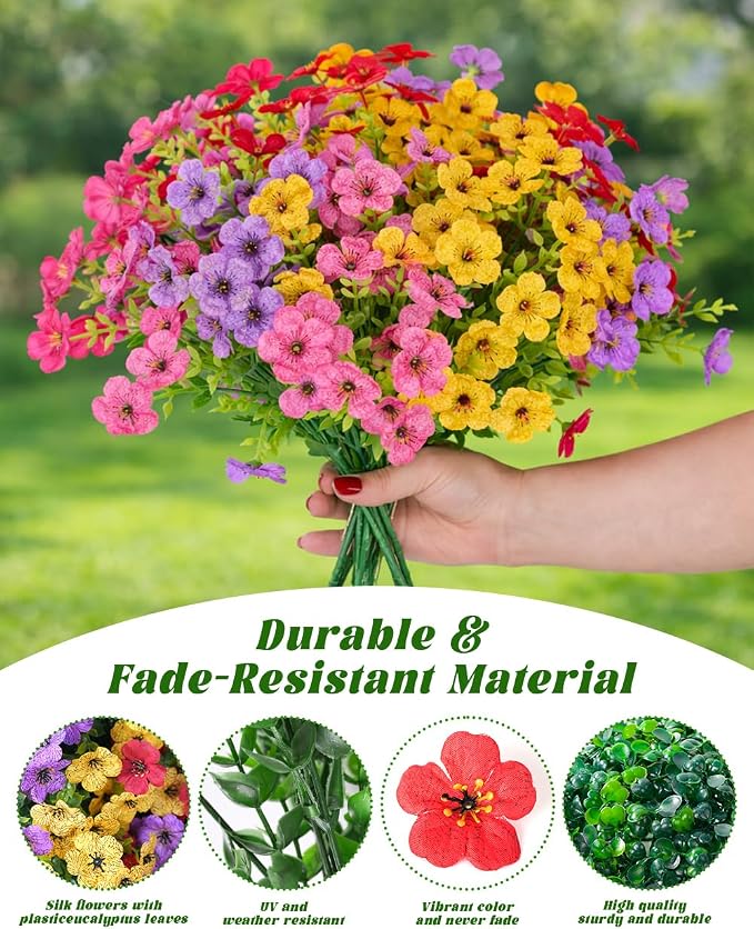 TDHDIKE Artificial Faux Fake Hanging Flowers Plants Basket for Summer Outdoor Outside Decoration UV Resistant Fake Silk Colorful Daisy Eucalyptus for Porch Patio Balcony Yard Garden Home