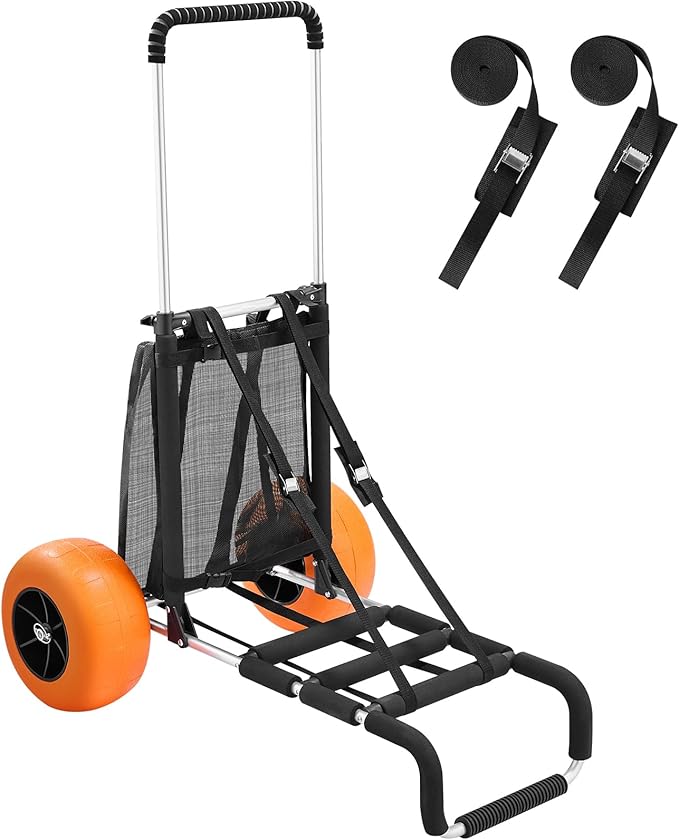 VEVOR Beach Dolly with Big Wheels for Sand, 29.9" x 15.4" Cargo Deck, w/ 12" Solid Wheels, 165LBS Loading Capacity Folding Sand Cart & 27" to 44.7" Adjustable Height, Heavy Duty Cart for Beach
