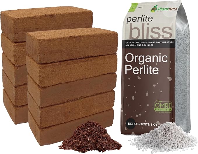 Coco Bliss 650gm Bricks (10-Pack) + Perlite Bliss (8 Qts) - Coco Coir Bricks & Organic Perlite for Plants - Organic Coco Coir for Plants - Coco Coir Perlite Mix - Coconut Coir Bulk Garden Soil Mix