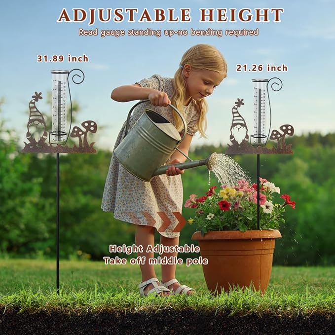Rain Gauge Outdoor, Gnome Decorative Rain Gauges for Yard, Freeze Proof Rain Gauge with 7" Glass Tube, Metal Garden Stake for Measuring Precipitation