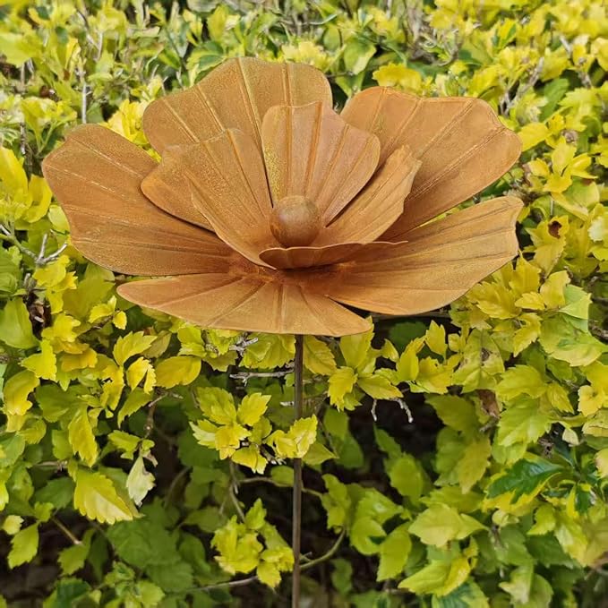 Rusty Outdoor Daisy Flower Metal Yard Stake, 30.7x5.12 Inch Large Rusted Iron Art Flower Garden Decoration, Weather-Resistant Garden Ornament for Lawn, Pathway, Patio, or Planter (Yellow)
