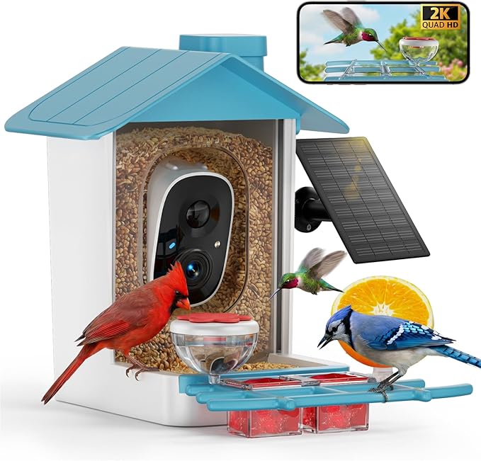 Bird Feeder with Camera 2K HD AI Smart Identify BirdSpecies Solar Panel Outdoors Birdhouse with Cam, Instant Arrival Alerts, Capture BirdVideo, Gifts for Mom Dad