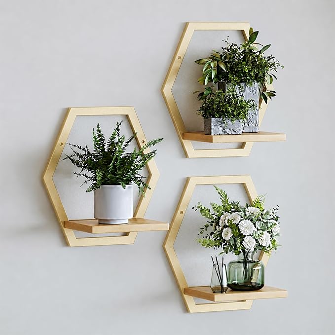 3 Pack Solid Wood & Metal Framework Wall Plant Stands,9 inch Natural Wood Shelf of Indoor,Mid Century Modern Hanging Planter for Outdoor Entryway 25 LB Load for Plants Golden