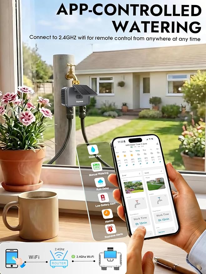 Insoma Solar WiFi Water Timer w/Adjustable 120° Solar Panel, 2-Zone Smart Sprinkler Timer Solar&Type-C Powered, APP&Voice Control Auto Irrigation for Lawn Garden, No Need Hub, Work with Alexa&Google