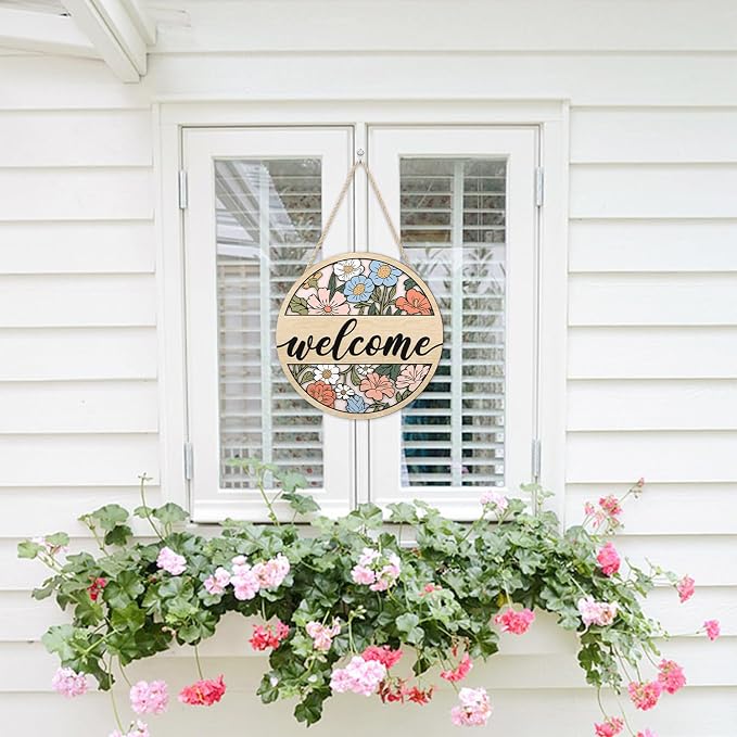 HOURIA 3D Vintage Welcome Front Door Sign(11.4”x11.4”),Boho Daisy Flower Wooden Door Wreath,Rustic Spring Summer Floral Wall Hanging Decor for Farmhouse Porch Home Indoor Office