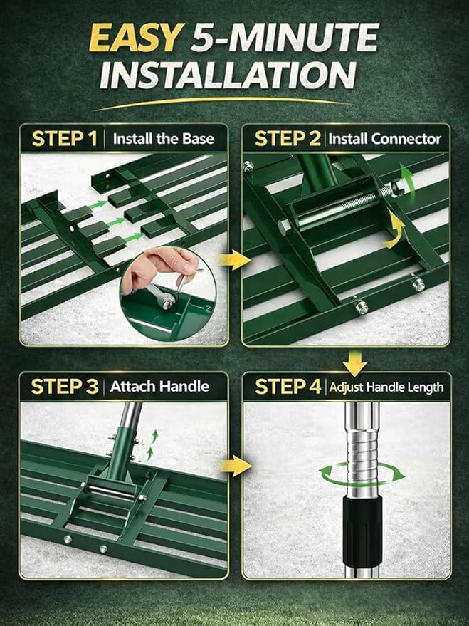 Lawn Leveling Rake, 30x10 inch Adjustable Lawn Leveler for Yard & Garden, Heavy Duty Stainless Steel Handle, Effort Saving Soil & Dirt Leveling Tool for Lawn Top Easy Dressing-Green