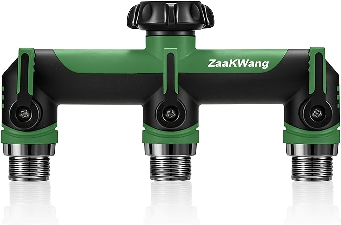 Garden Hose Splitter, 3 Way Hose Splitter, Heavy Duty Water Hose Bib Spigot Splitter, Outdoor Faucet Splitter with Shutoff Valve, T Adapter Connector with 3/4 - Inch GHT Thread (Green)