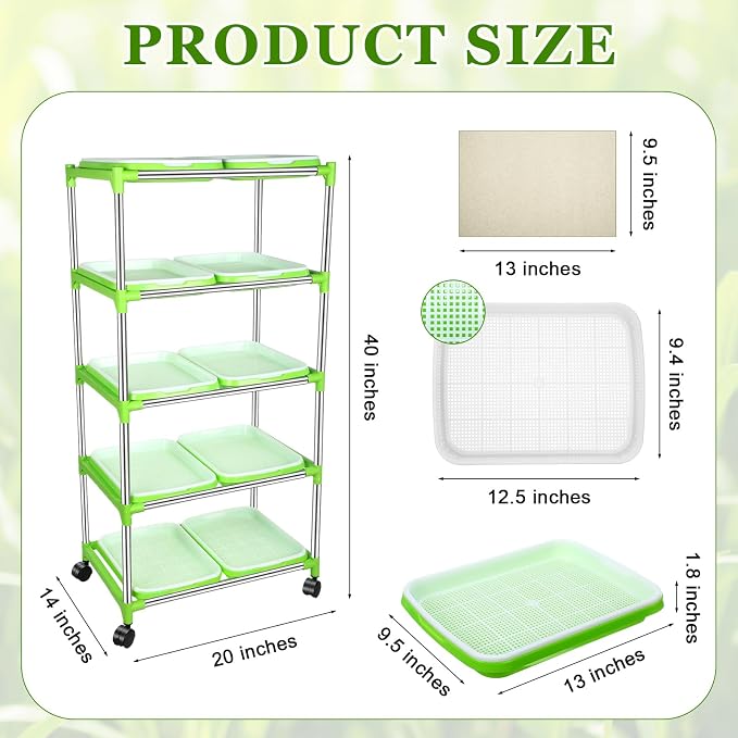 Menkxi 5 Layers Seed Sprout Tray Shelf Microgreens Growing Kit 10 Pcs Healthy Wheatgrass Seeds Grower with Drain Holes and 60 Sheets Germinating Paper for Garden Home Office
