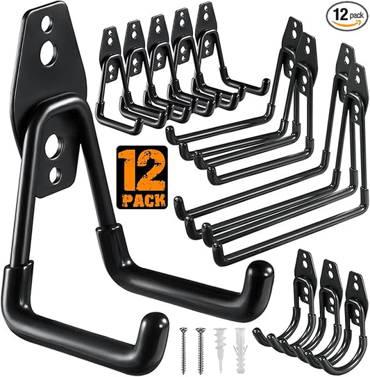 HUPBIPY 12 Pack Garage Hooks Heavy Duty Utility Steel with Anti-Slip Coating Wall Mount Storage Organizer for Hanging Power and Garden Tools, Ladders, Hose, Bikes, Ropes, Bulk Items, and More