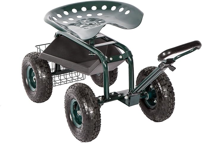 kinbor Rolling Garden Scooter Garden Cart Seat with Wheels and Tool Tray, 360 Swivel Seat, Green