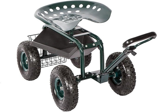 kinbor Rolling Garden Scooter Garden Cart Seat with Wheels and Tool Tray, 360 Swivel Seat, Green