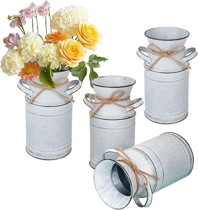 4 Pack Metal Flower Vase, Galvanized Metal Milk Can, French Rustic Milk Jug Planter, Farmhouse Decorative Flower Vase, Farmhouse Metal Vases for Home, Fireplace, Cabinet, Bathroom Decor