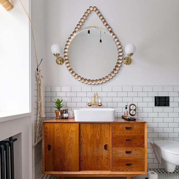 POZINO Wood Beaded Round Mirror, 24" Farmhouse Hanging Rustic Mirror with Rope, Spherical Frame Circle Wall Mirror for Bathroom Bedroom Living Room Hallway Entryway Fireplace