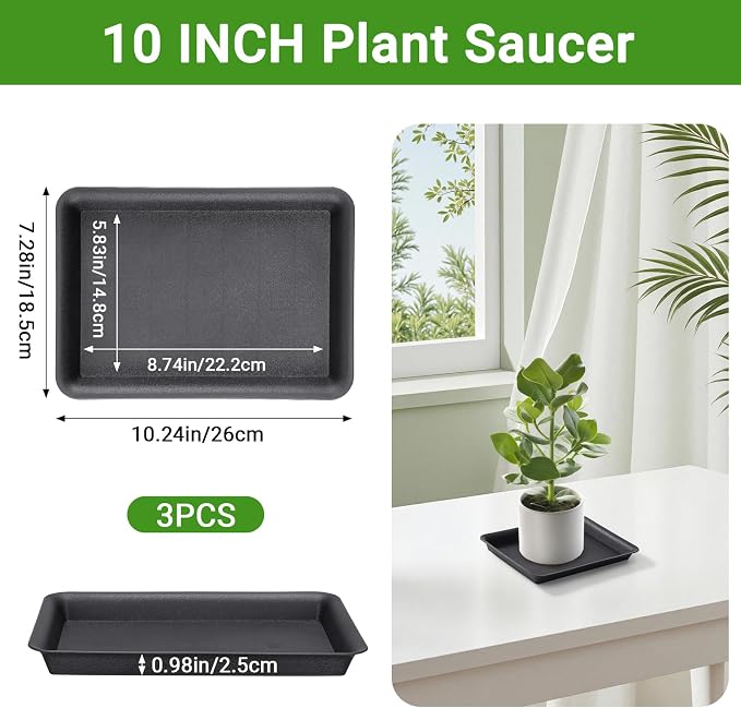 GREANER 10 Inch Plastic Plant Tray Saucer Rectangular, Black Heavy Duty Plant Trays No Holes, Humidity Trays for Indoor Outdoor Plants(3 Packs)