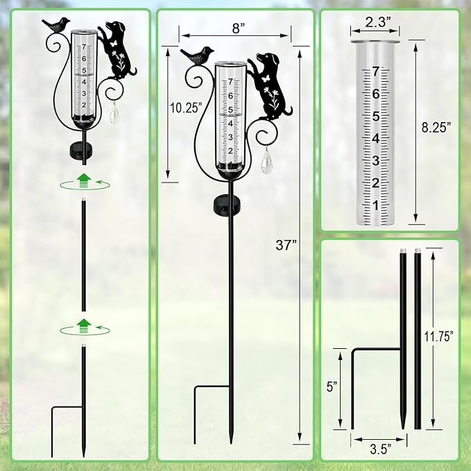 Rain Gauge Outdoor, Solar Powered Decorative Dog and Bird Garden Stake for Outside,Yard, Lawn, Pathway