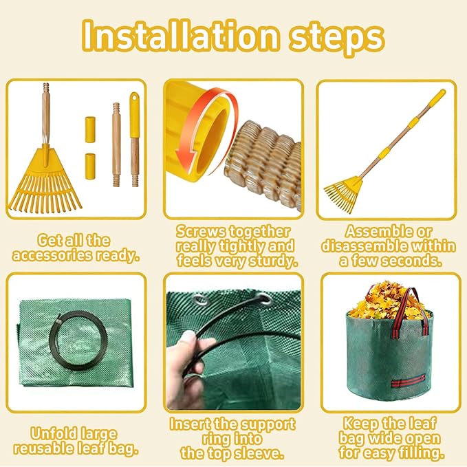 2 Pack Kids Adjustable Leaf Rake Set – 28" to 34" with Detachable Wooden Handles, Lightweight Plastic Head, Designed for Kids, Includes 2 Pairs of Gloves & Leaf Bag (Yellow)