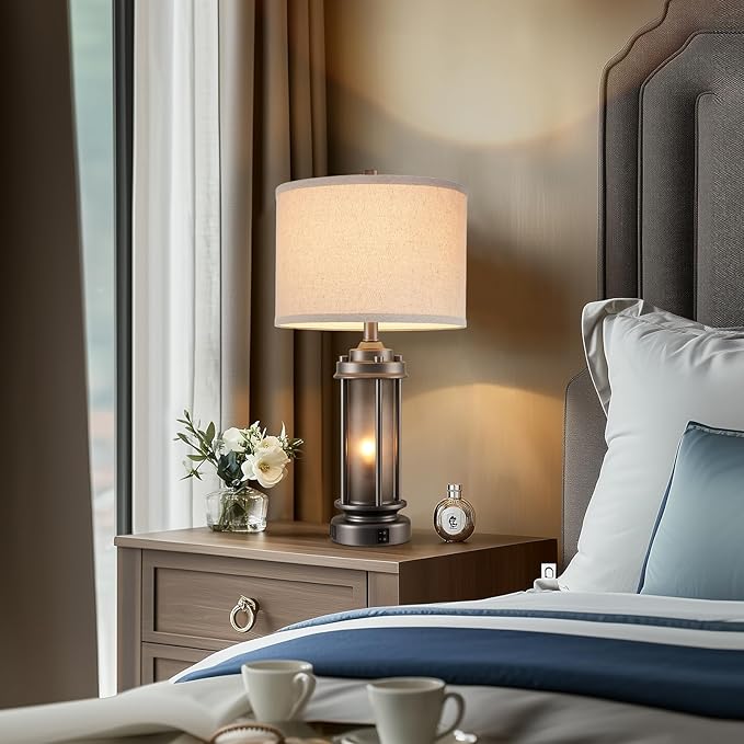 AIEAMPDO Set of 2 Farmhouse Bedroom Table Lamps with 2 USB C+A Ports | Rustic Vintage Design With Amber Glass Nightlight. Table Lamps For Living Room, End Table And Entryway, 4 Bulbs Included
