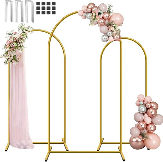 Hemmotop Metal Arch Backdrop Stand Set of 3, 6ft, 6.6ft, 7.2ft Wedding Arch Frame for Backdrop, Balloons, Flowers, Garden Décor, Gold Arched Stand for Birthday, Baby Shower, Graduation Party, 3 Pieces