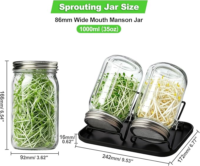 Sprouting Jar Kit 4 PCS 1000ml(35oz) Wide Mouth Mason Jars with 304 Stainless Steel Sprout Lids Drain Tray Stainless Steel Stand Cleaning Brush Sprouts Growing Kit for Bean, Broccoli, Alfalfa