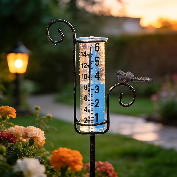 WONDER GARDEN Rain Gauge Outdoor, 6 Inch Capacity Large Number Easy Read Dragonfly Rain Measure Gauge for Lawn, Yard and Garden