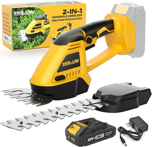 20V Cordless Grass Shear & Shrubbery Trimmer 2-in-1 Handheld Hedge Trimmer with 2.0Ah Battery and Fast Charger, Small Electric Bush Trimmer for Garden, Yard, Lawn Maintenance