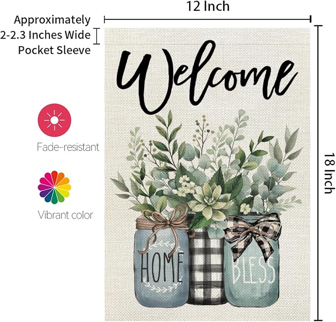 CROWNED BEAUTY Spring Garden Flag Eucalyptus Mason Jar 12x18 Inch Double Sided Small Seasonal Farmhouse Floral Holiday Decoration for Outdoor Lawn Yard