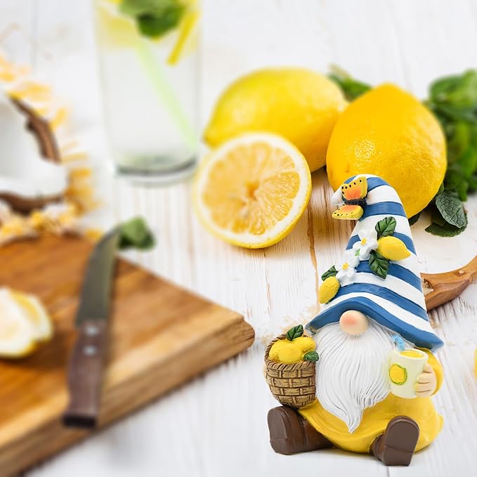 Lemon Decor Summer Garden Gnome, Mediterranean Decor Resin Figurines, Lemon Party Decoration for Home Kitchen Office Tiered Tray, Summer Gnomes Gifts