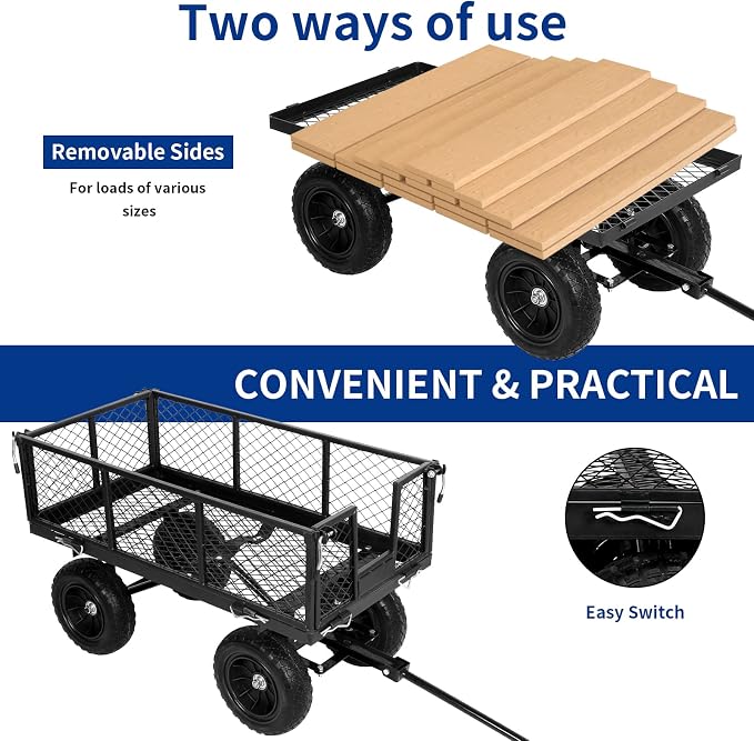 BILT HARD 10" Flat Free Tires Heavy Duty Garden Cart with 180° Rotating Handle and Removable Sides, 4 Cu.Ft 880 lbs Capacity Utility Steel Wagons for Outdoor, Yard