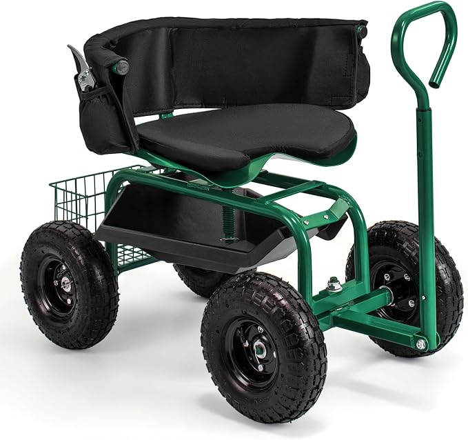 IRONMAX Garden Cart with Seat, Gardening Rolling Stool Scooter with All-Terrain Wheels, Adjustable Steering Handle & Removable Cushion for Planting, Outdoor Gardening Work Seat for Patio, Yard (Green)