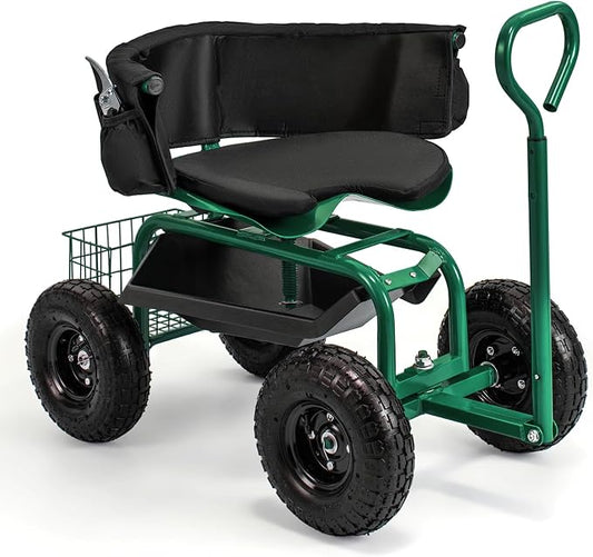 IRONMAX Garden Cart with Seat, Gardening Rolling Stool Scooter with All-Terrain Wheels, Adjustable Steering Handle & Removable Cushion for Planting, Outdoor Gardening Work Seat for Patio, Yard (Green)