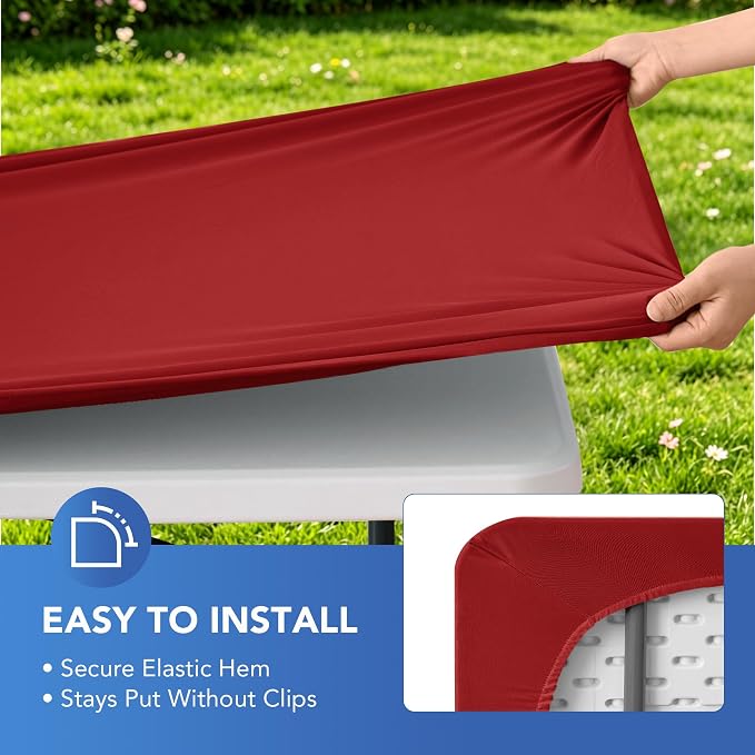 Fitted Tablecloth for 8 Foot Rectangle Tables-6 Pack Red Elastic Outdoor Picnic Table Cover-Spandex Stretch Christmas Table Cloths 8ft for Camping Dining Room Patio Kitchen Banquet Party