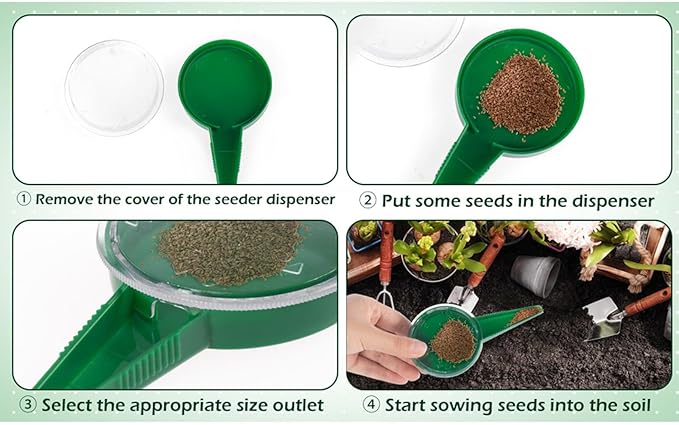 Seeding Tool, Gardening Sower Planter Set of 6, Precision Seed Dispenser, Adjustable Planter Tool for Garden Flowers and Vegetables, Spreader with Seedlings Dibber and Widger