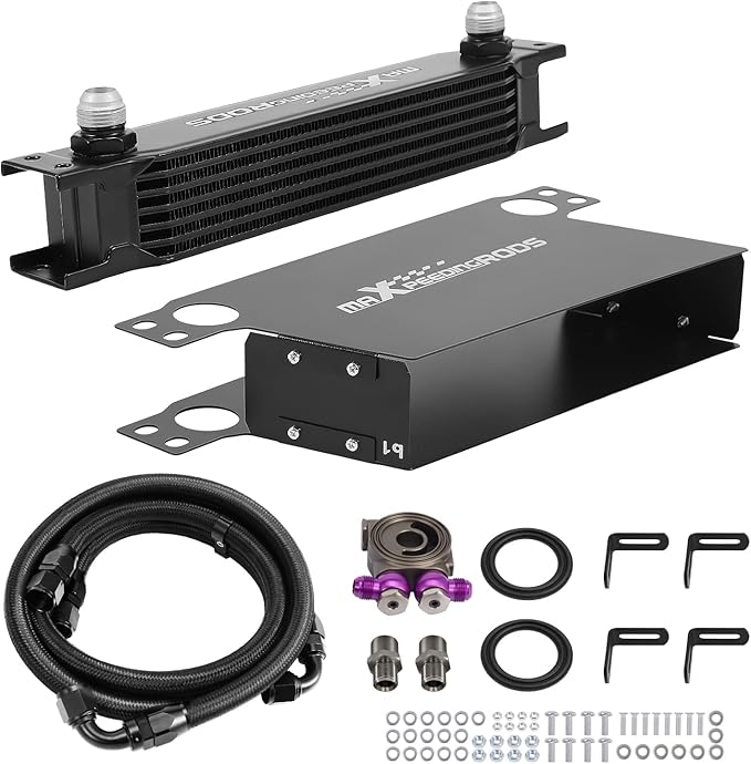 maXpeedingrods 7 Row Oil Cooler Kit, 10AN Transmission Engine Cooler British Radiator Universal Aluminium Black, Banjo Fittings Oil Filter Sandwich Adapter, Air Guide Kit and Oil Cooler Hoses