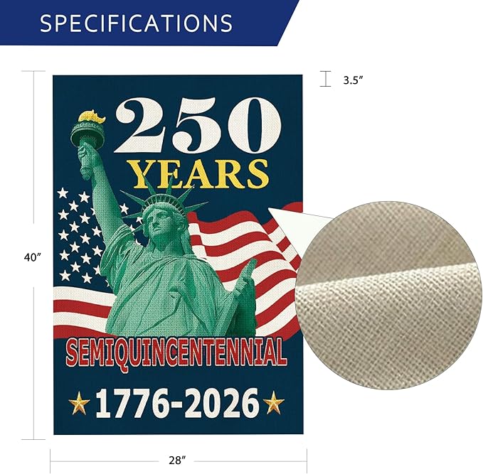250 Years America Garden Flag 28 x 40 Inch,250th Anniversary USA Patriotic Double-Sided Banner with Statue of Liberty Design, 1776-2026 Semiquincentennial