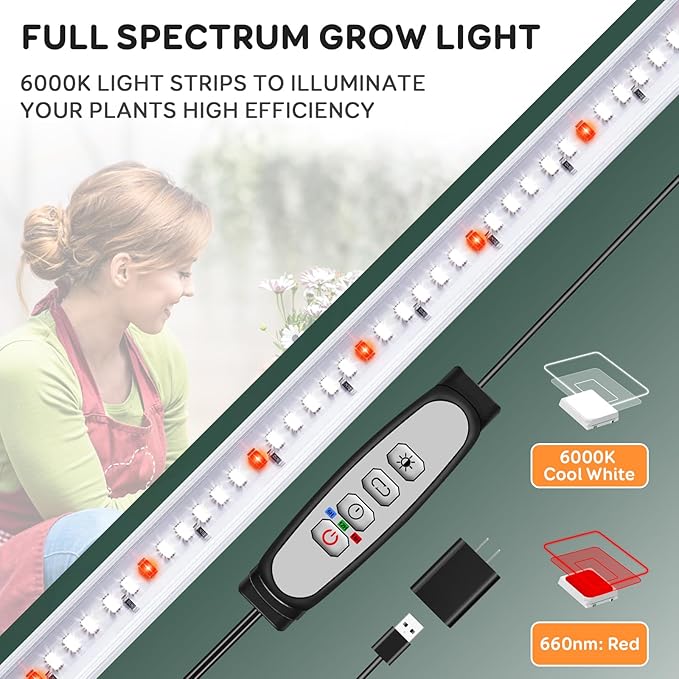 SDOVUERC 2 Bars Grow Light Strips for Indoor Plants with Auto ON/Off Timer 6/12/18H, 5 Dimmable Levels for Shelves Plant Growing(Pack 2)