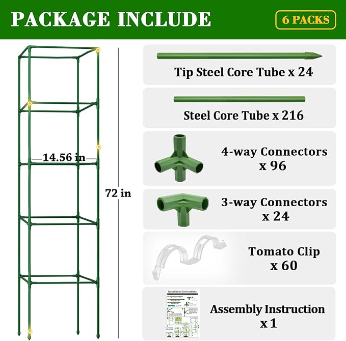 ZeeDix 6 Pack Heavy Duty Tomato Cages, 72 Inches Square Adjustable Tomato Trellis with 40Pcs Clips, Extra Tall Plant Support Stakes for Climbing Vegetables, Flowers, Raised Garden Bed & Pots