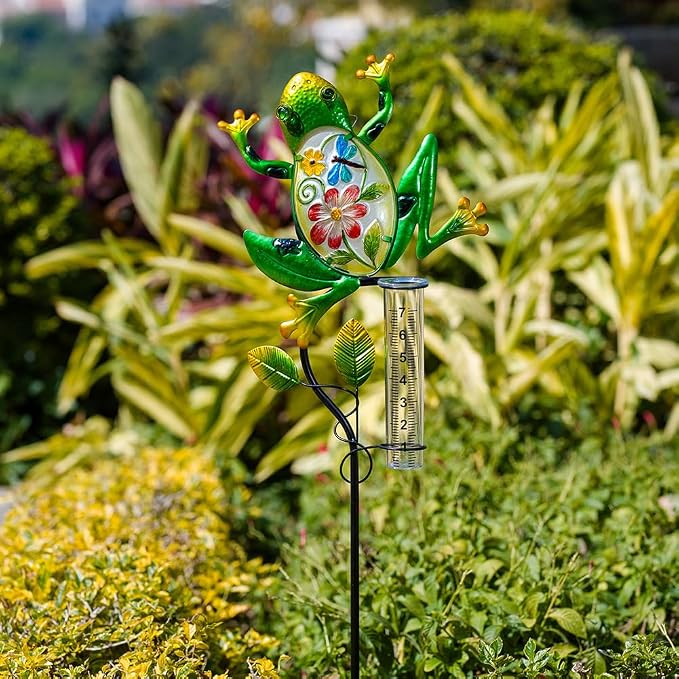 Solar Rain Gauge Outdoor, Frog Rain Gauge, 7 Inch Tube Decorative Rain Measure Gauge with Metal Stake, Solar Powered Stained Glass Rain Measure Tool for Garden