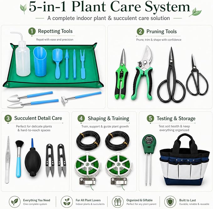 25 Pcs Succulent & Bonsai Tools Set for Beginners, Indoor Plant Care Tool Set with Repotting Mat, Organizer Tote, Soil Moisture Meter, Pruning Shears, Mini Garden Tools, Gardening Gift for Women Men